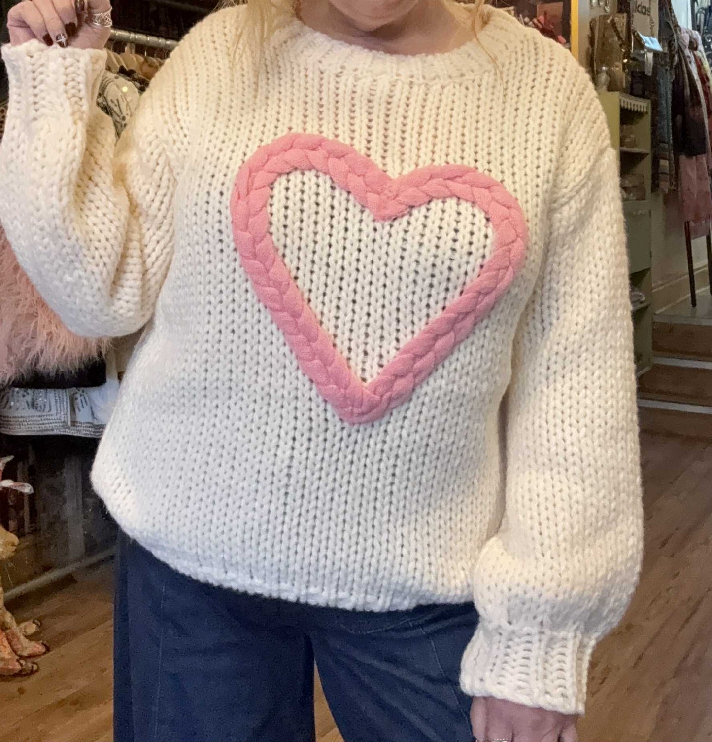 THE 'CANDY HEART' STUNNING SNUGGLY CREAM KNIT WITH A BABY PINK KNITTED HEART DETAIL