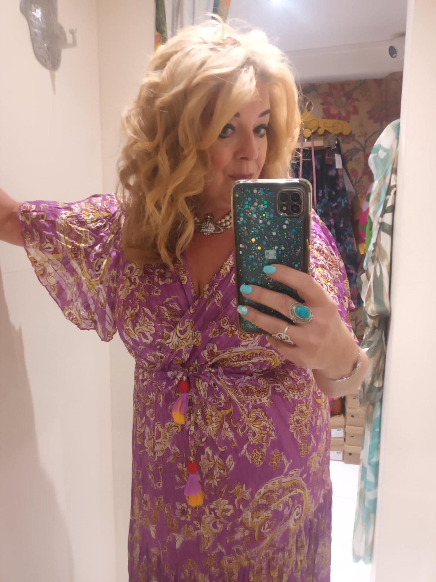 'ELEANOR' STUNNING PLISSE ANGEL SLEEVE MAGIC DRESS WITH SWISHY HEM AND TASSEL DETAIL MAGENTA PRINT