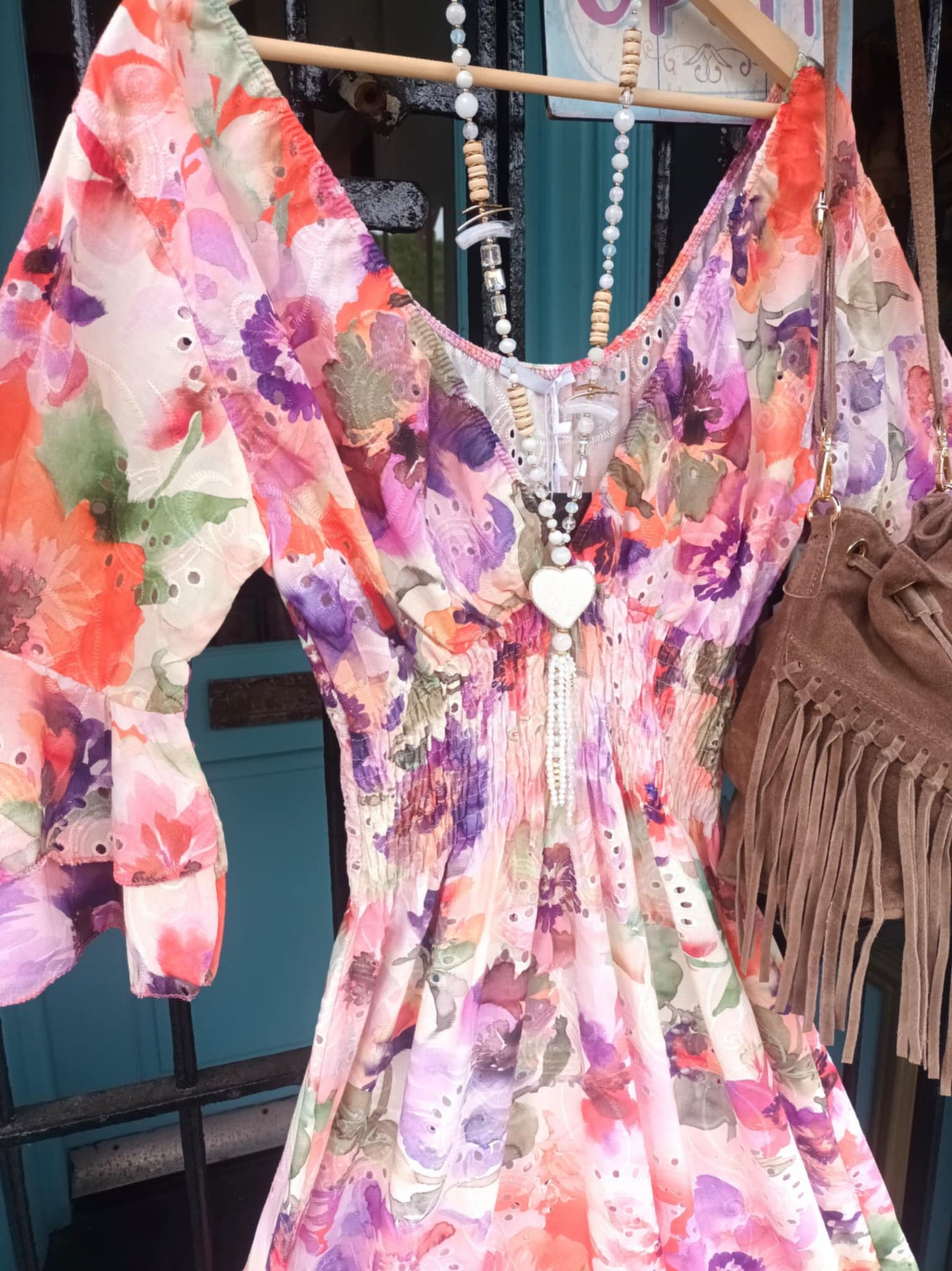 THE 'MEADOW' 100% COTTON BRODERIE ANGLAISE WATERCOLOUR FLORAL PRINT DRESS AQUA OR PINK