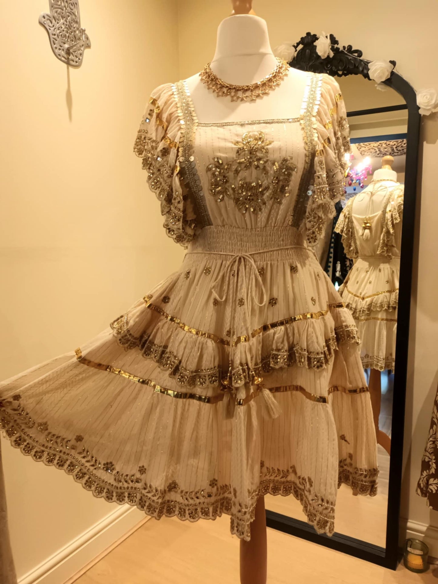 THE 'NATALIA' RICHLY BEADED FLIPPY BOHEMIAN DRESS IN BLACK/GOLD OR CREAM/GOLD FROM OUR SPANISH COLLECTION