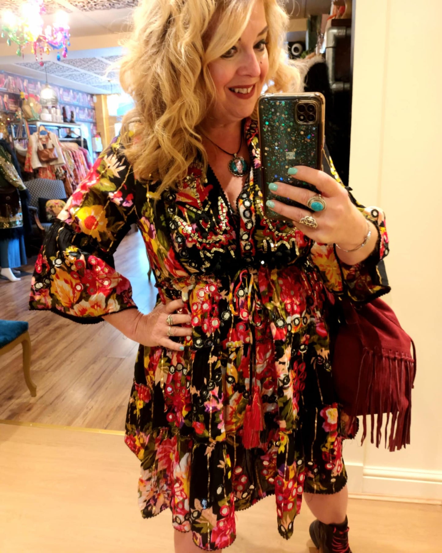 THE 'CATALINA' STUNNING VINTAGE FLORAL PRINT EMBELLISHED FLIPPY DRESS FROM OUR SPANISH COLLECTION CHOOSE YOUR COLOUR!