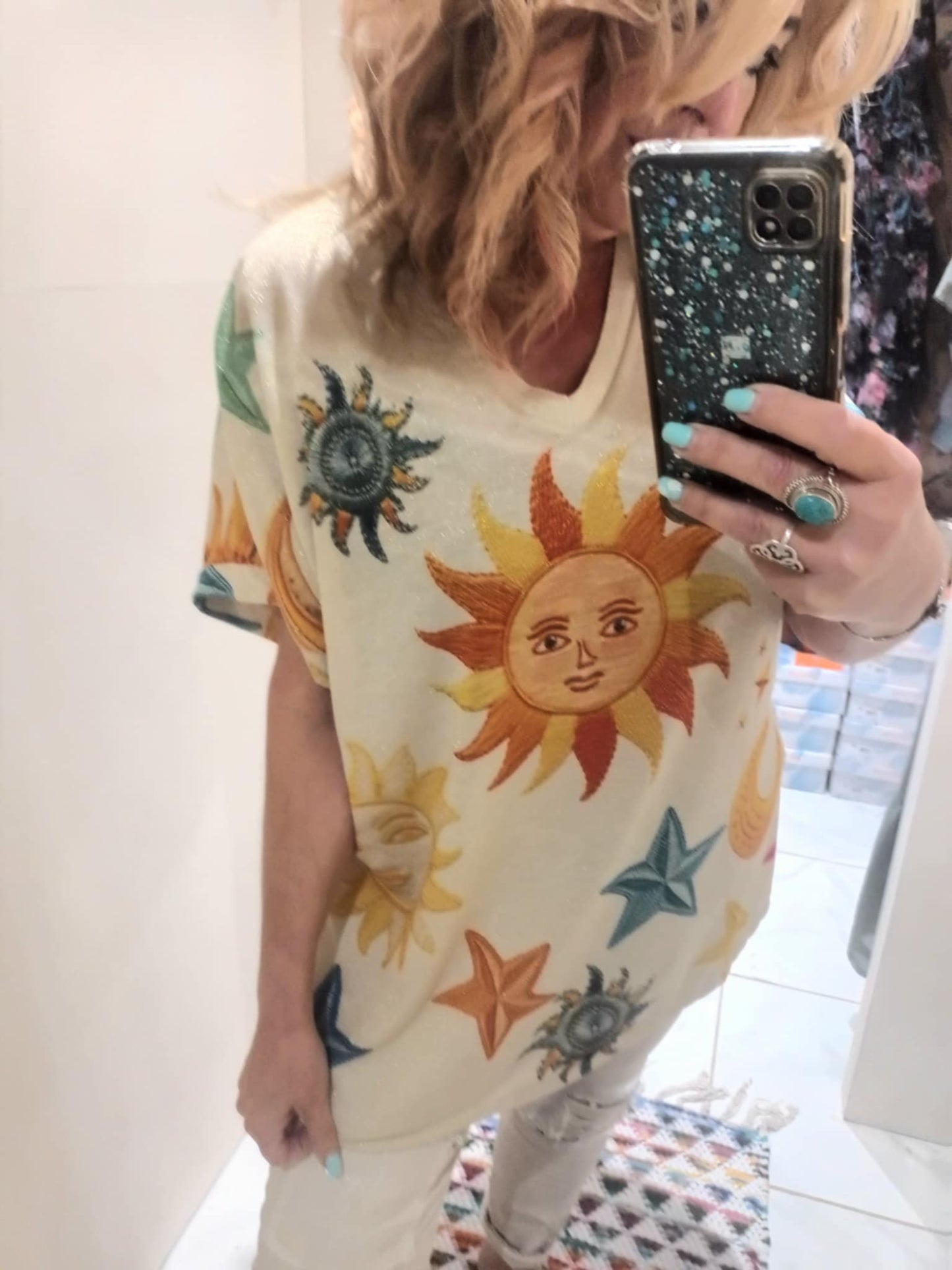 THE CELESTIAL SHIMMER' LIGHTWEIGHT CELESTIAL PRINT TOP WITH A SUBTLE GOLD SHIMMER