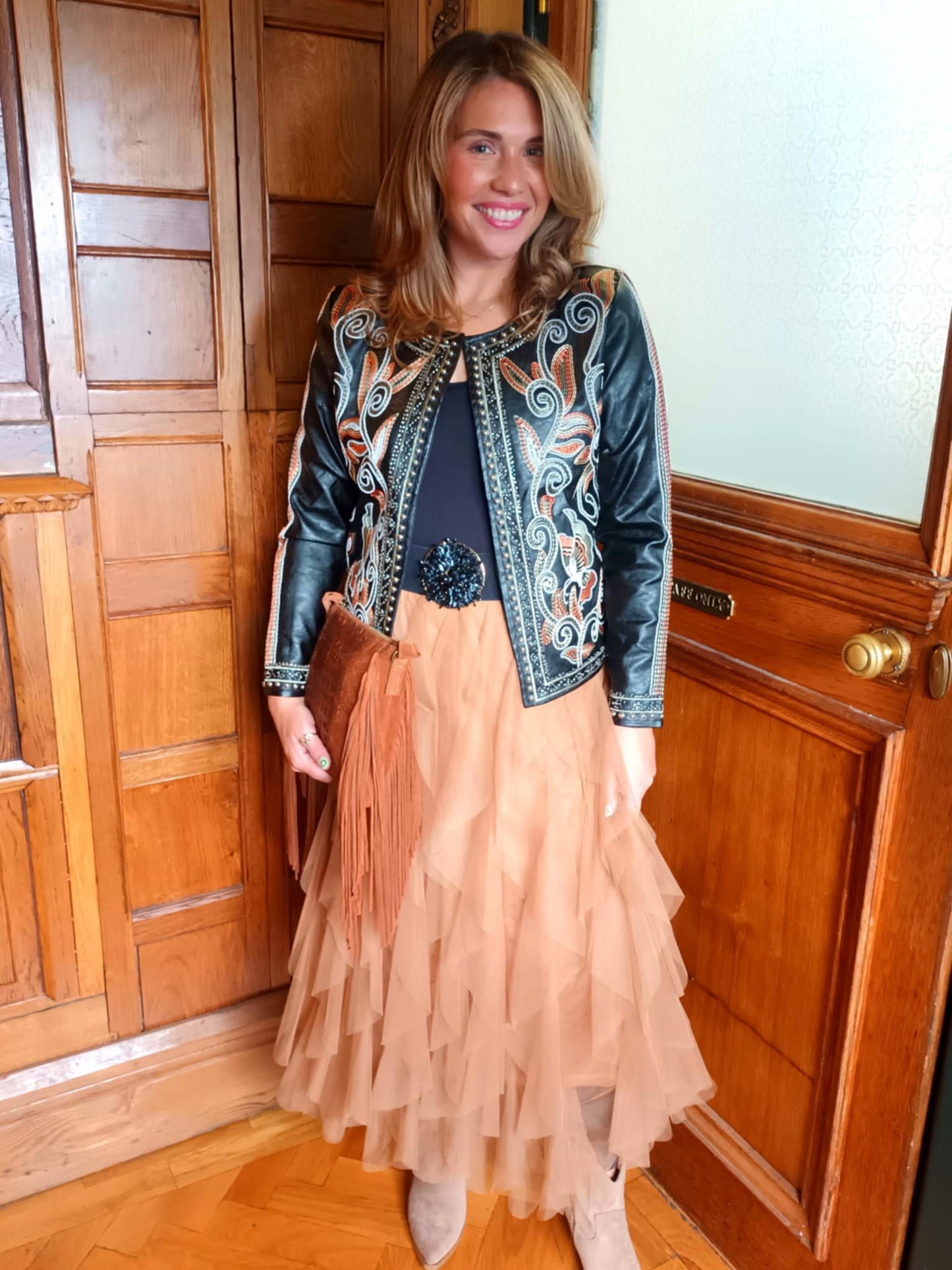 THE 'CLAUDIA' ELEGANT FAUX LEATHER STUDDED AND RICHLY EMBROIDERED JACKET