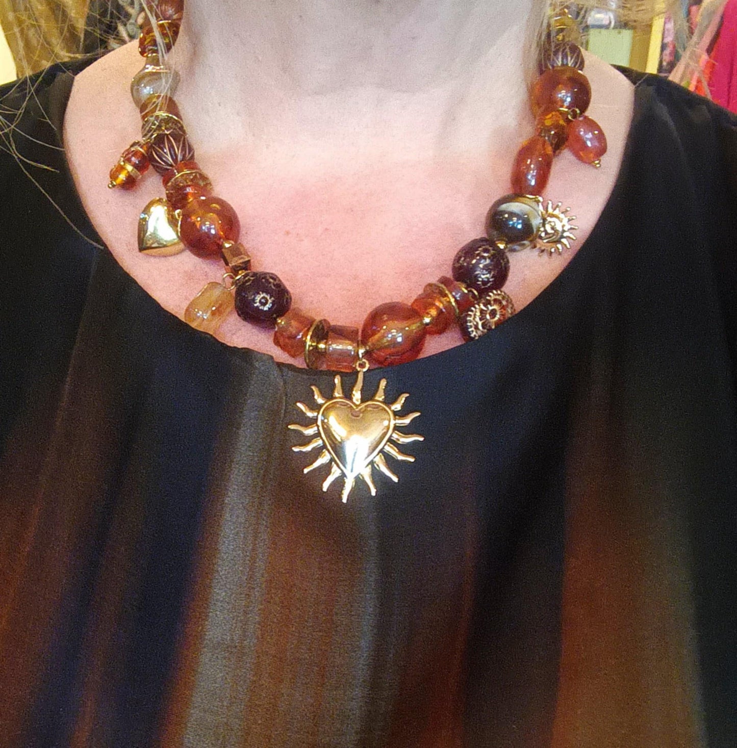 THE 'CELESTIAL LOVE' BEAUTIFUL BEADED AND EMBELLISHED NECKLACE IN RUBY OR AMBER