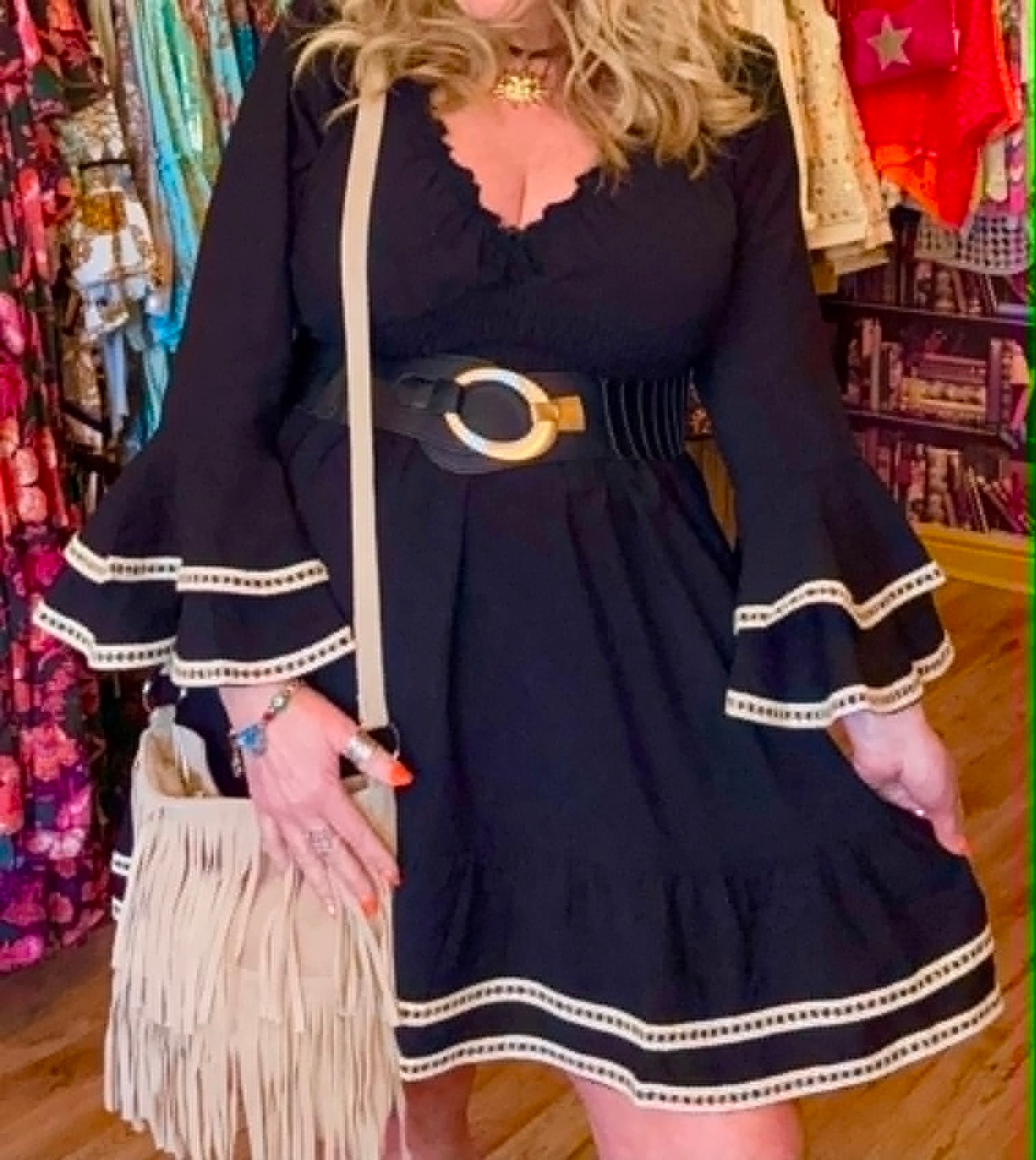 THE 'LOLA' FABULOUS BLACK AND CREAM LACE TRIM BELL SLEEVE FLIPPY DRESS FROM OUR EXCLUSIVE SPANISH COLLECTION