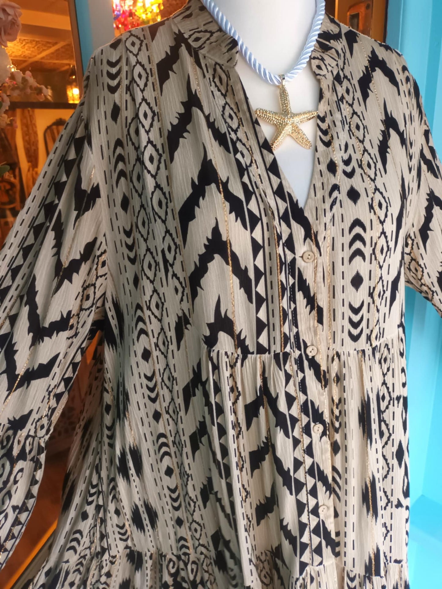 THE 'IKAT' ELEGANT AND FLOATY ETHNIC PRINT BUTTON THROUGH DRESS WITH ACCENTS OF GOLD