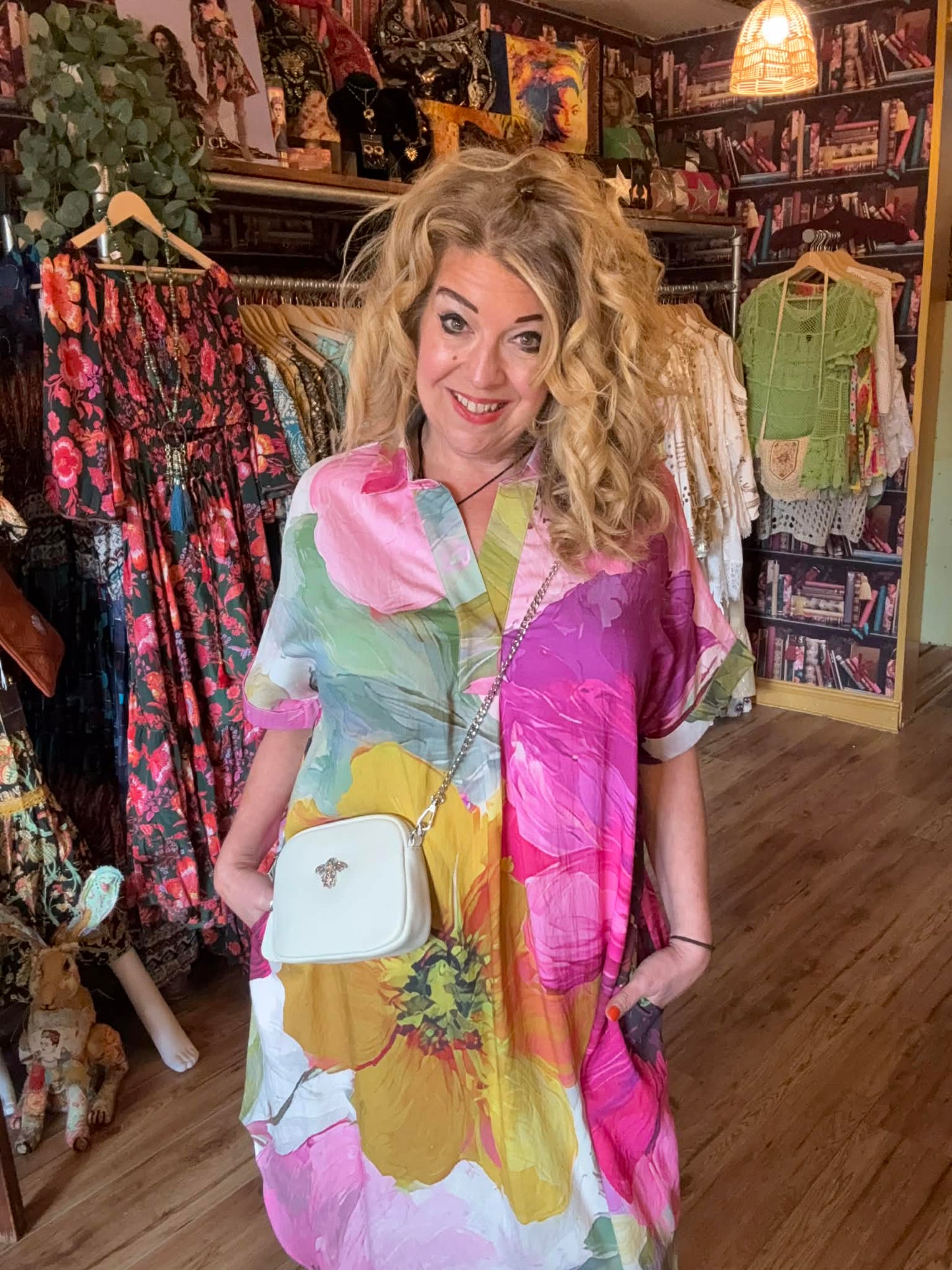 THE 'SUNNY DAZE' BEAUTIFUL BOLD FLORAL PRINT RAINBOW COLOURED RELAXED FIT DRESS