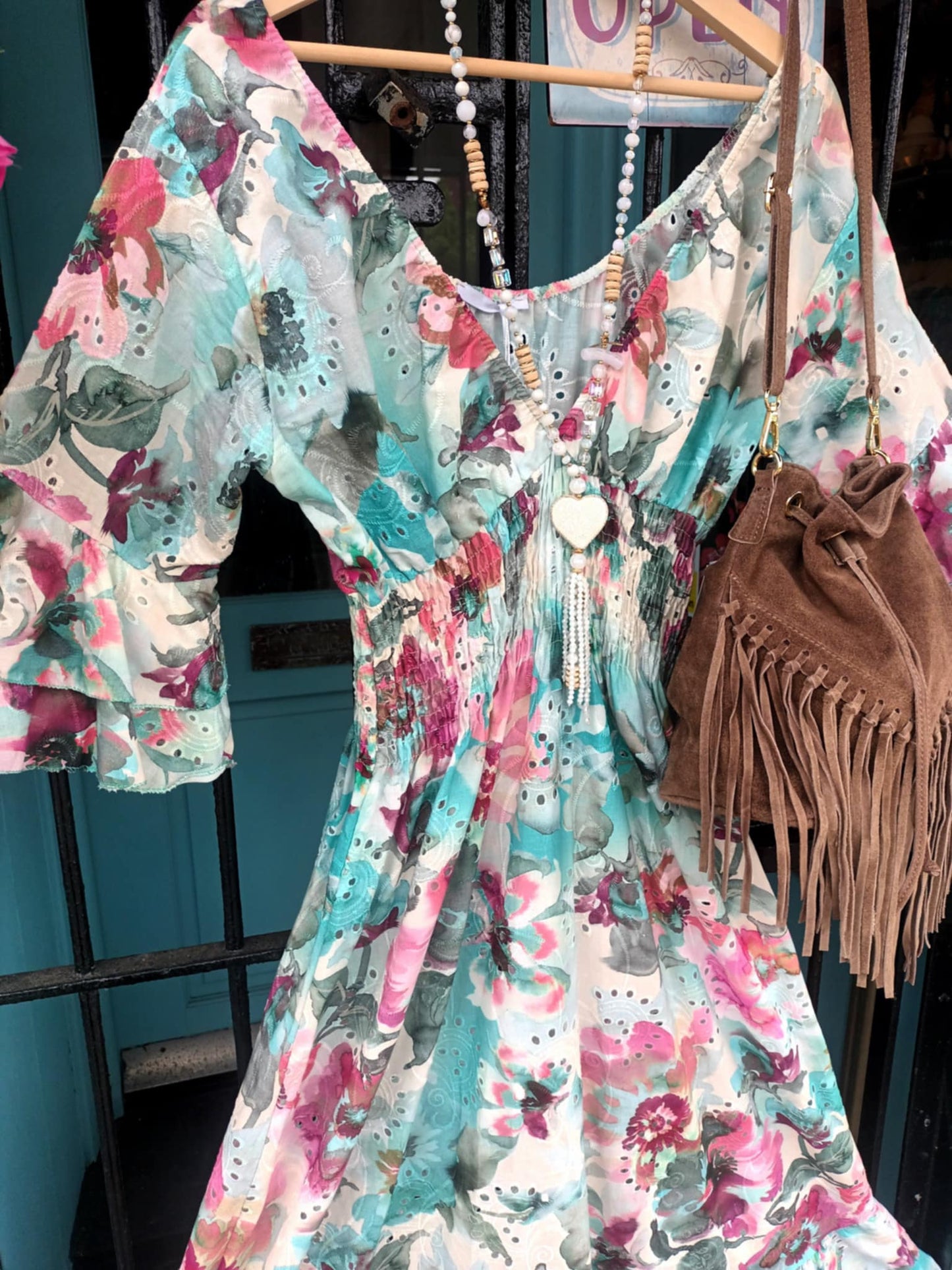 THE 'MEADOW' 100% COTTON BRODERIE ANGLAISE WATERCOLOUR FLORAL PRINT DRESS AQUA OR PINK