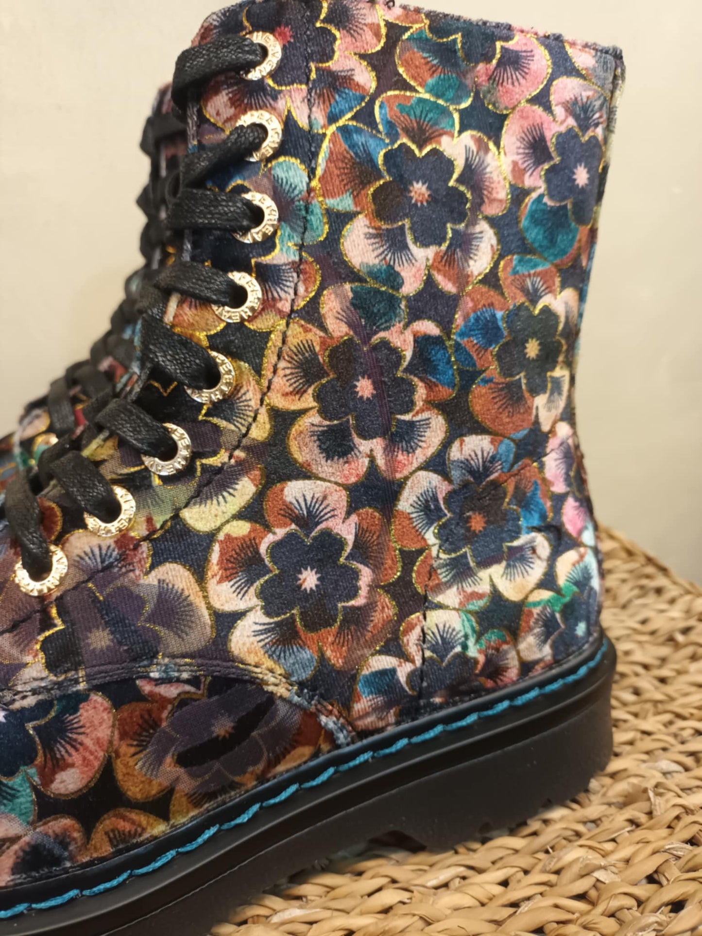 THE 'PANSY' STUNNING MULTI PANSY PATTERN LACE UP SUPER COMFORT LACE UP/ZIP BOOTS VEGAN FRIENDLY