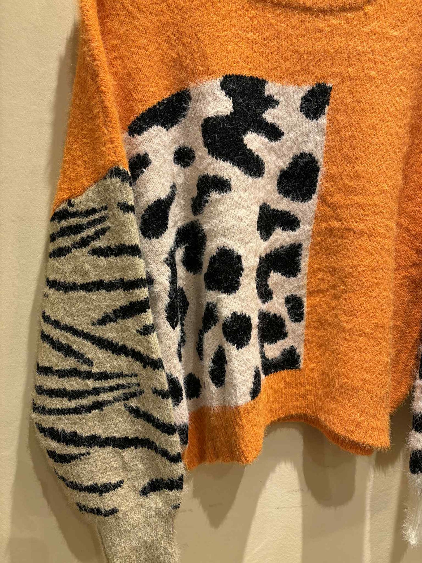 THE 'HOTCHPOTCH LEOPARD' COSY FEEL FLUFFY KNIT IN PINK OR ORANGE