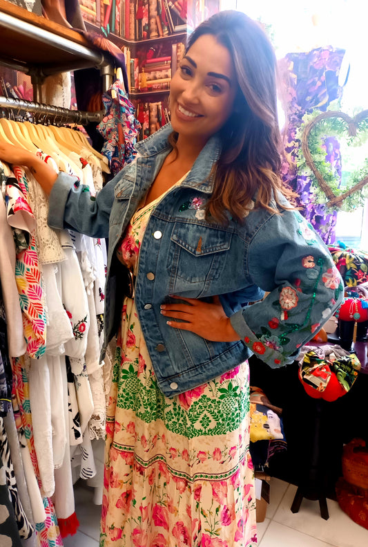'DARCEY' FLARE SLEEVE DENIM JACKET WITH RICH EMBROIDERED DETAIL