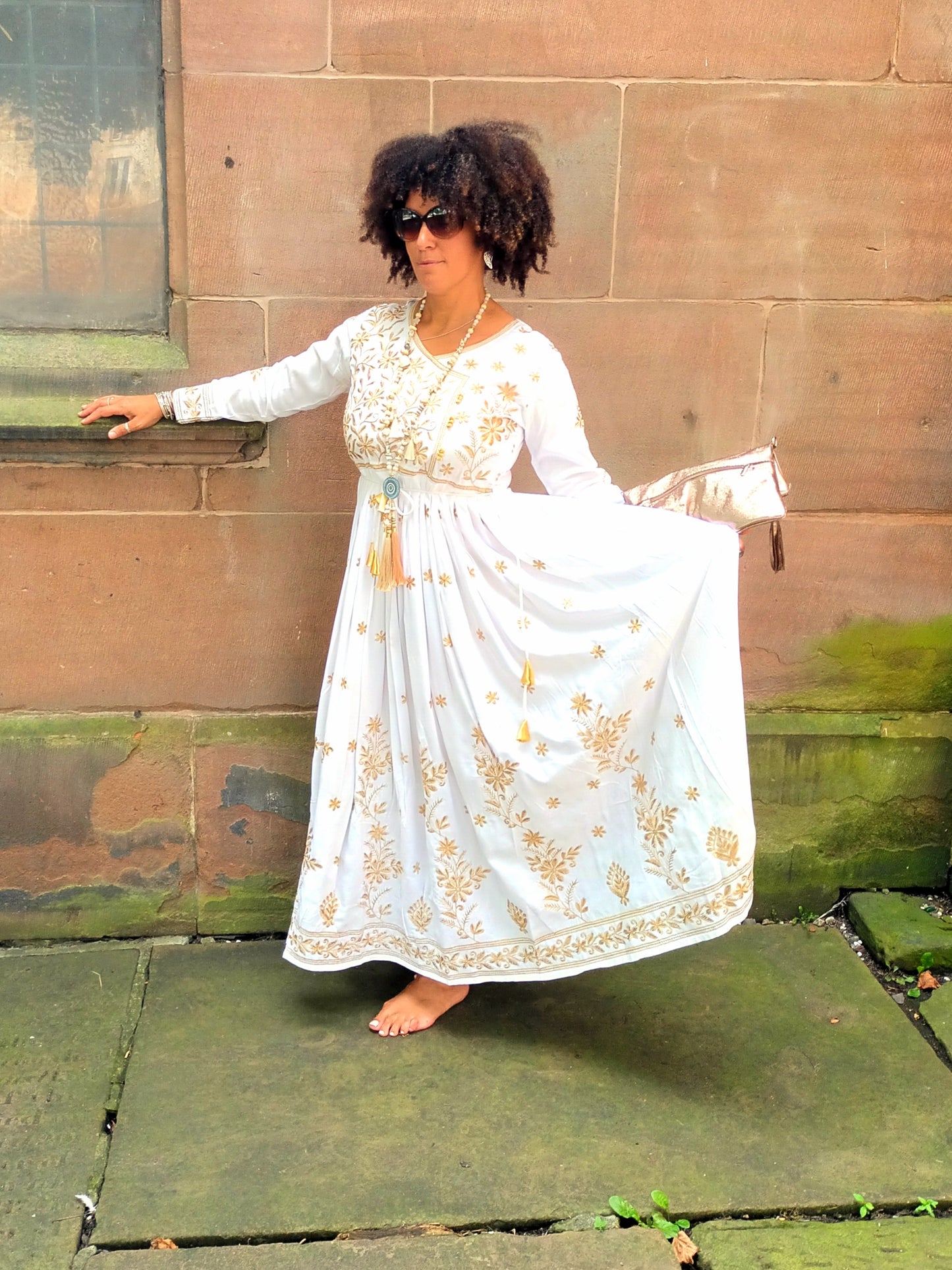 'BOHEMIAN PRINCESS' DRESS IN LUXURIOUS WHITE COTTON WITH GOLD EMBROIDERED DETAIL
