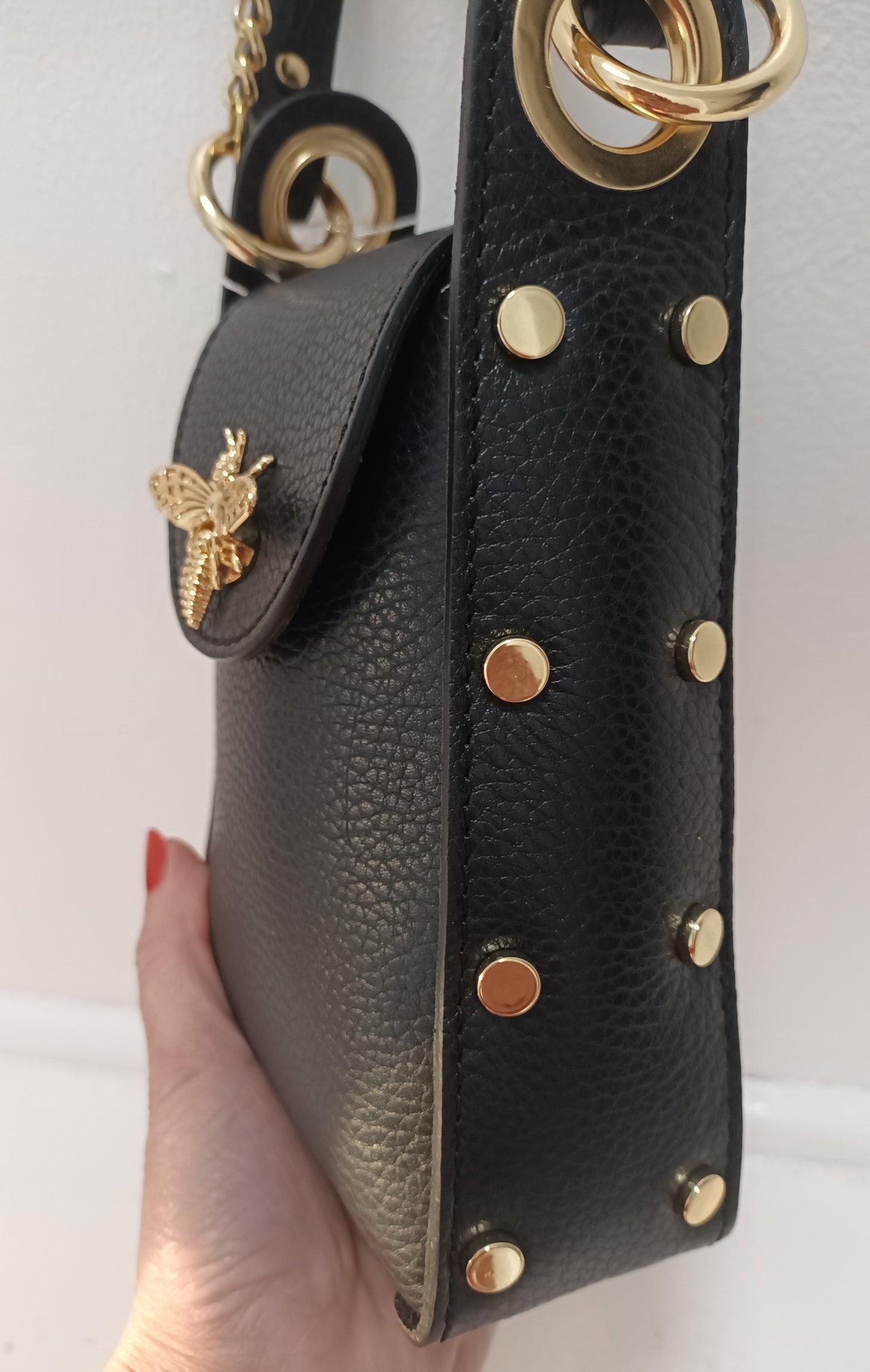 'BEE HAPPY' CUTE LEATHER STUDDED BEE CLASP BAG