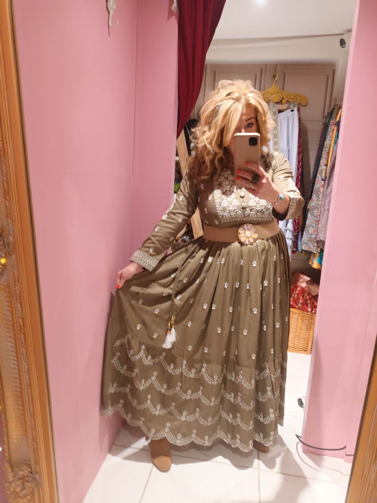 'JEMIMA' BEAUTIFUL KHAKI RICHLY EMBROIDERED SCALLOPED HEM DRESS
