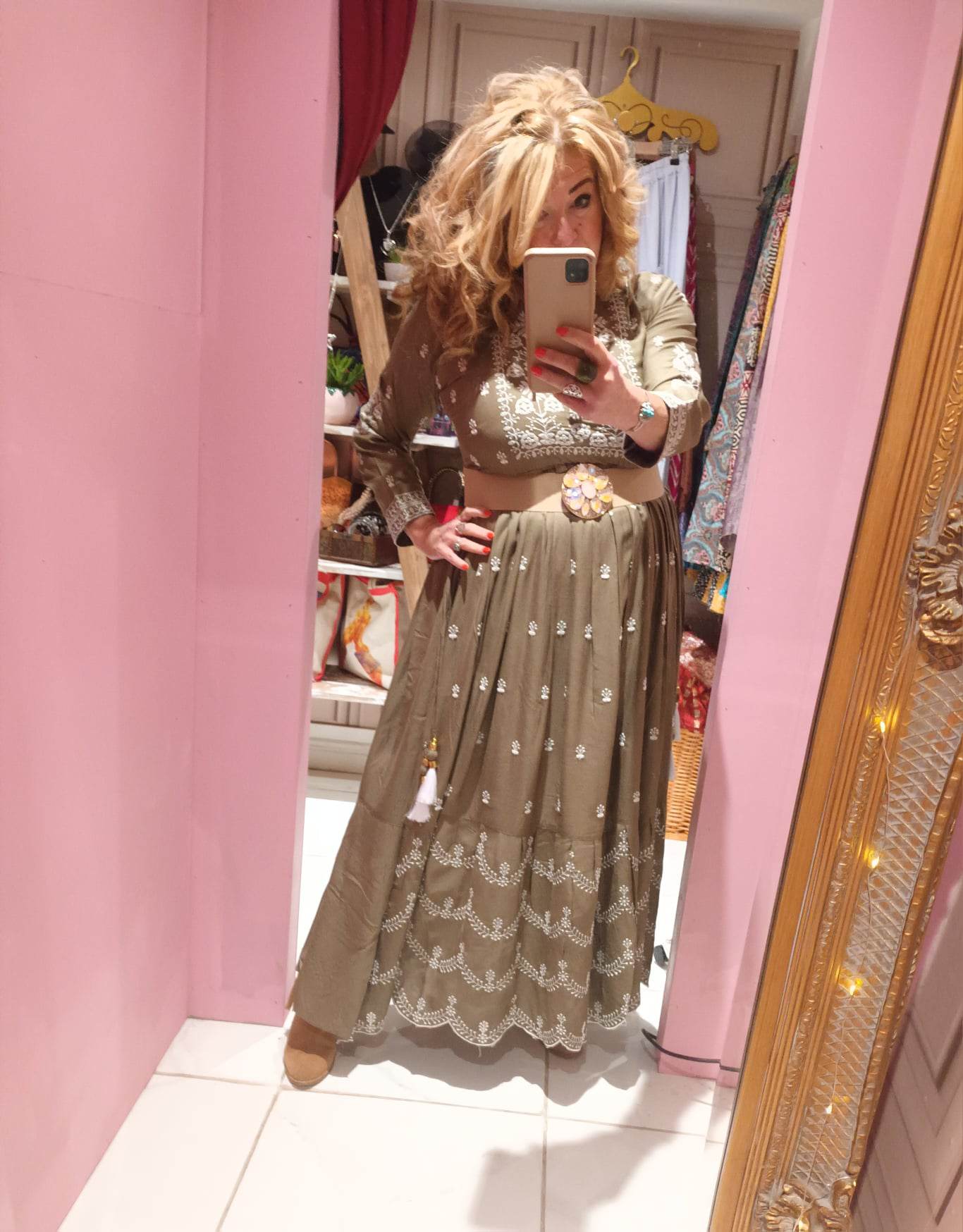 'JEMIMA' BEAUTIFUL KHAKI RICHLY EMBROIDERED SCALLOPED HEM DRESS