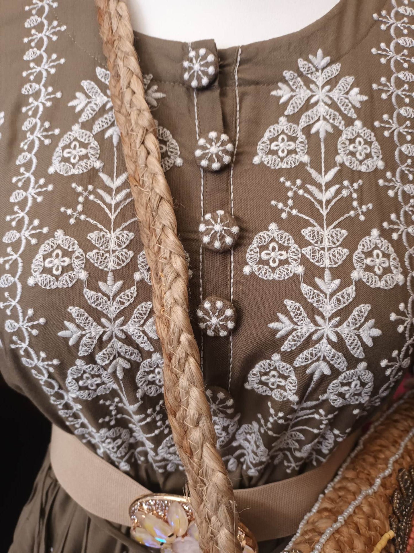 'JEMIMA' BEAUTIFUL KHAKI RICHLY EMBROIDERED SCALLOPED HEM DRESS