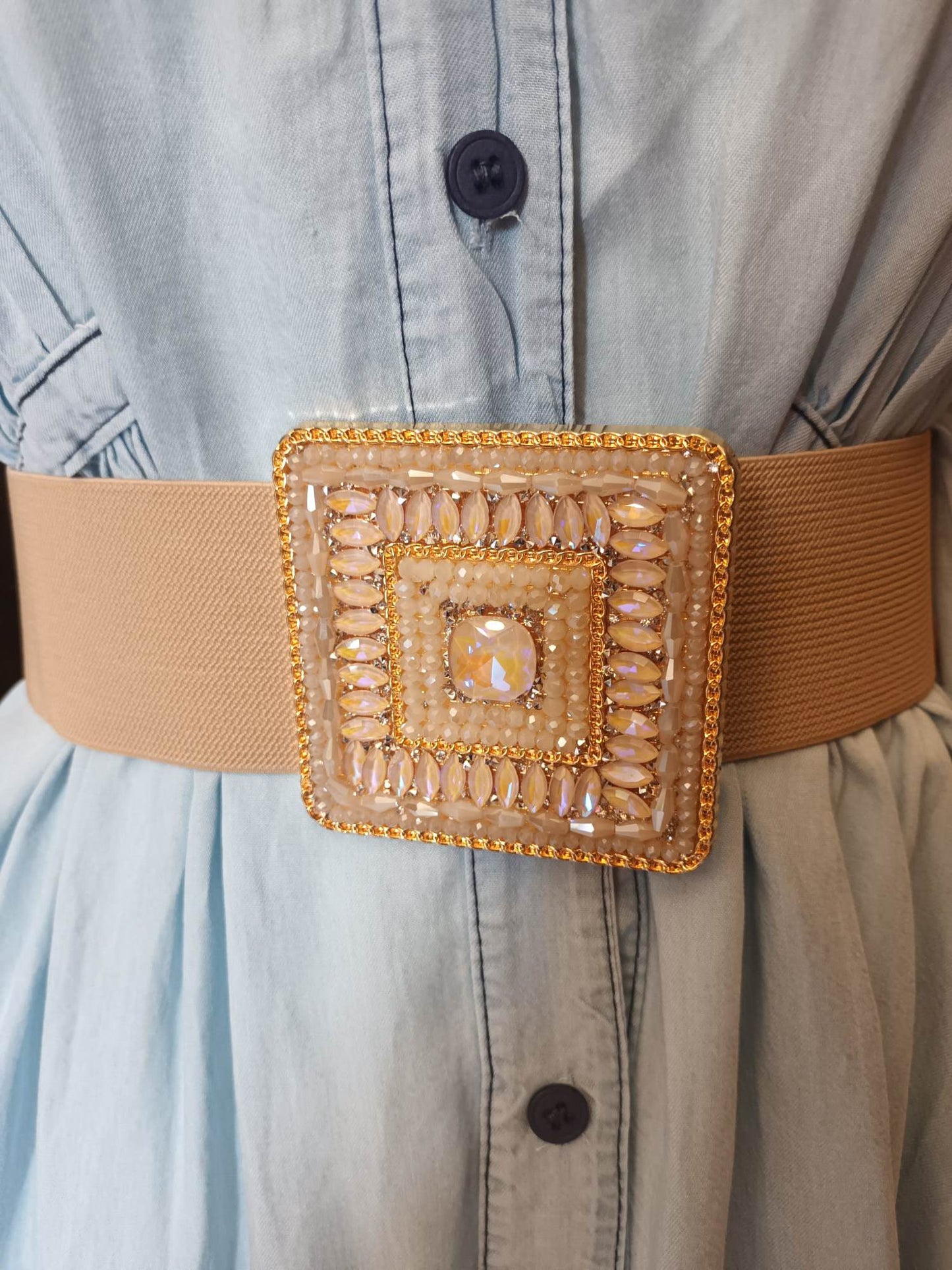 'DROP A DRESS SIZE' STRETCH BEJEWELLED BELT IN CREAM