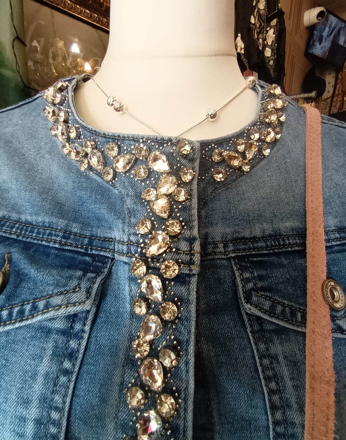 'KRYSTIE' BEAUTIFUL & BOHO STRETCH FADED DENIM JACKET WITH STUNNING DIAMANTE DETAIL