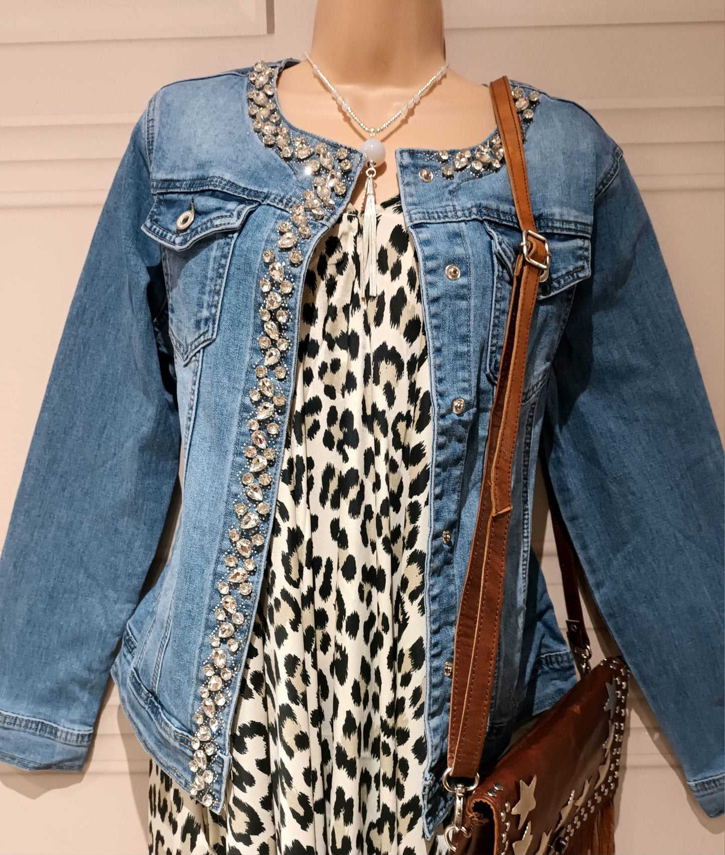 'KRYSTIE' BEAUTIFUL & BOHO STRETCH FADED DENIM JACKET WITH STUNNING DIAMANTE DETAIL
