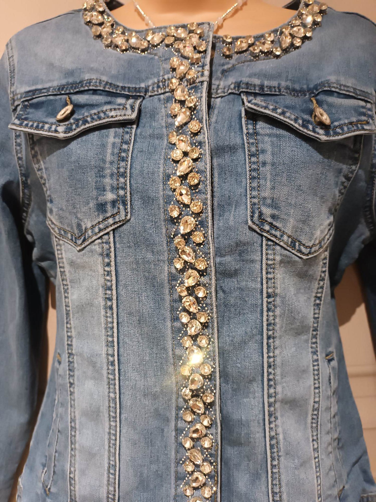 'KRYSTIE' BEAUTIFUL & BOHO STRETCH FADED DENIM JACKET WITH STUNNING DIAMANTE DETAIL