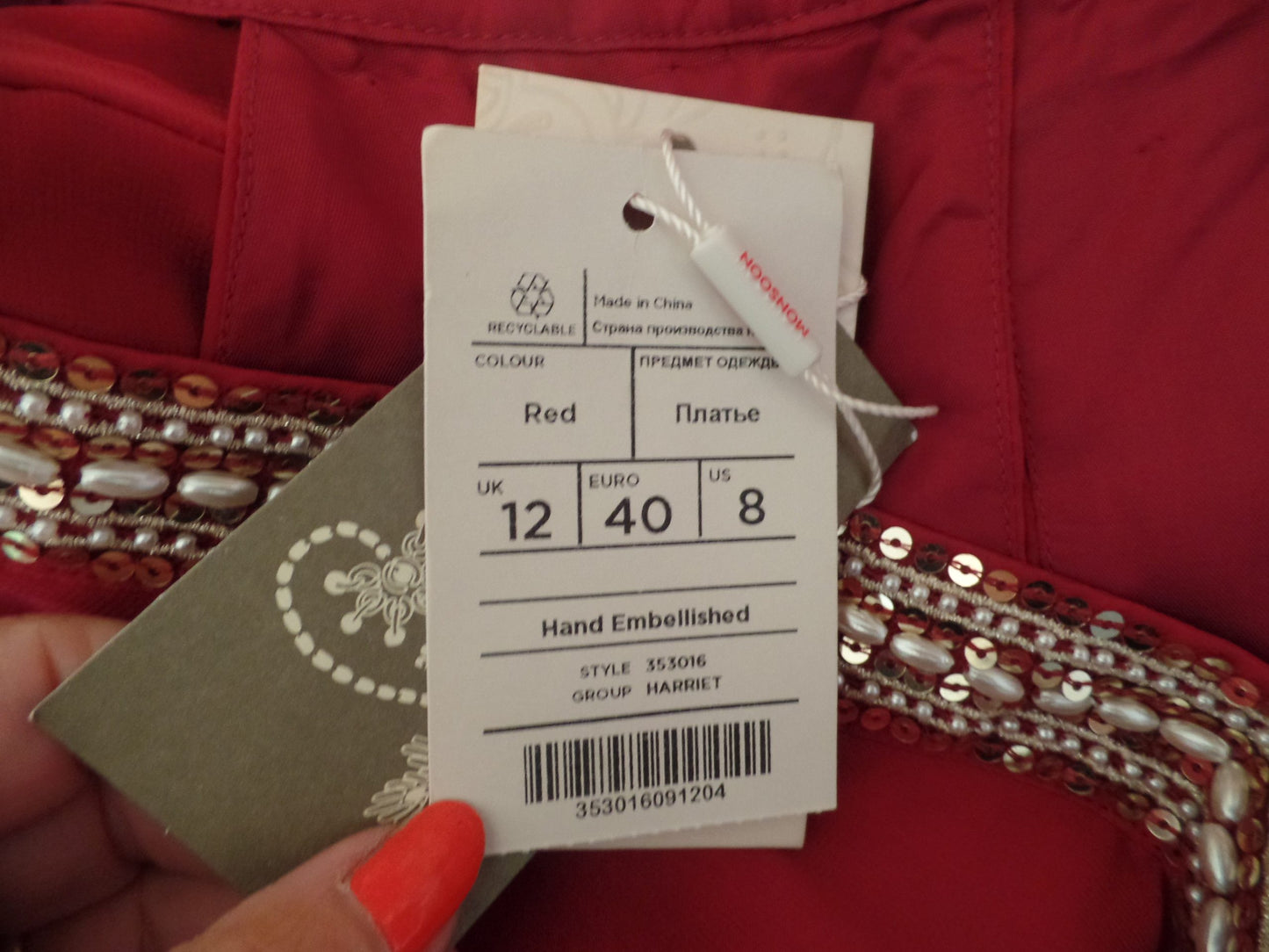 Hermoso vestido Monsoon tamaño 12 de gasa color baya con rico bordado de cuentas, suntuoso dobladillo ondulado, ¡precio de venta recomendado £160!