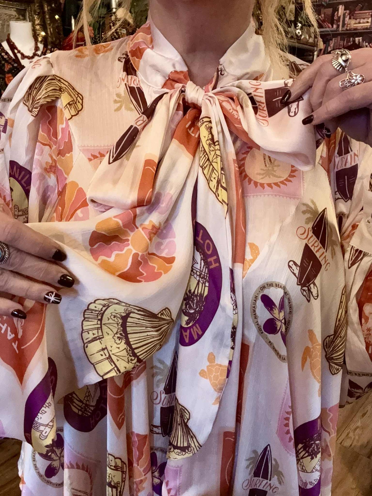 THE 'MANILA' EXQUISITE PUSSY BOW SHIRT IN A QUIRKY LATIN AMERICAN PRINT TWO COLOUR OPTIONS