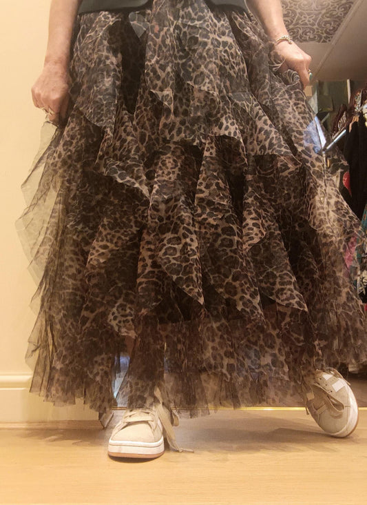 THE 'ROXANNE' FROTHY AND FABULOUS SWISHY LEOPARD PRINT TULLE SKIRT WITH ELASTICATED WAIST