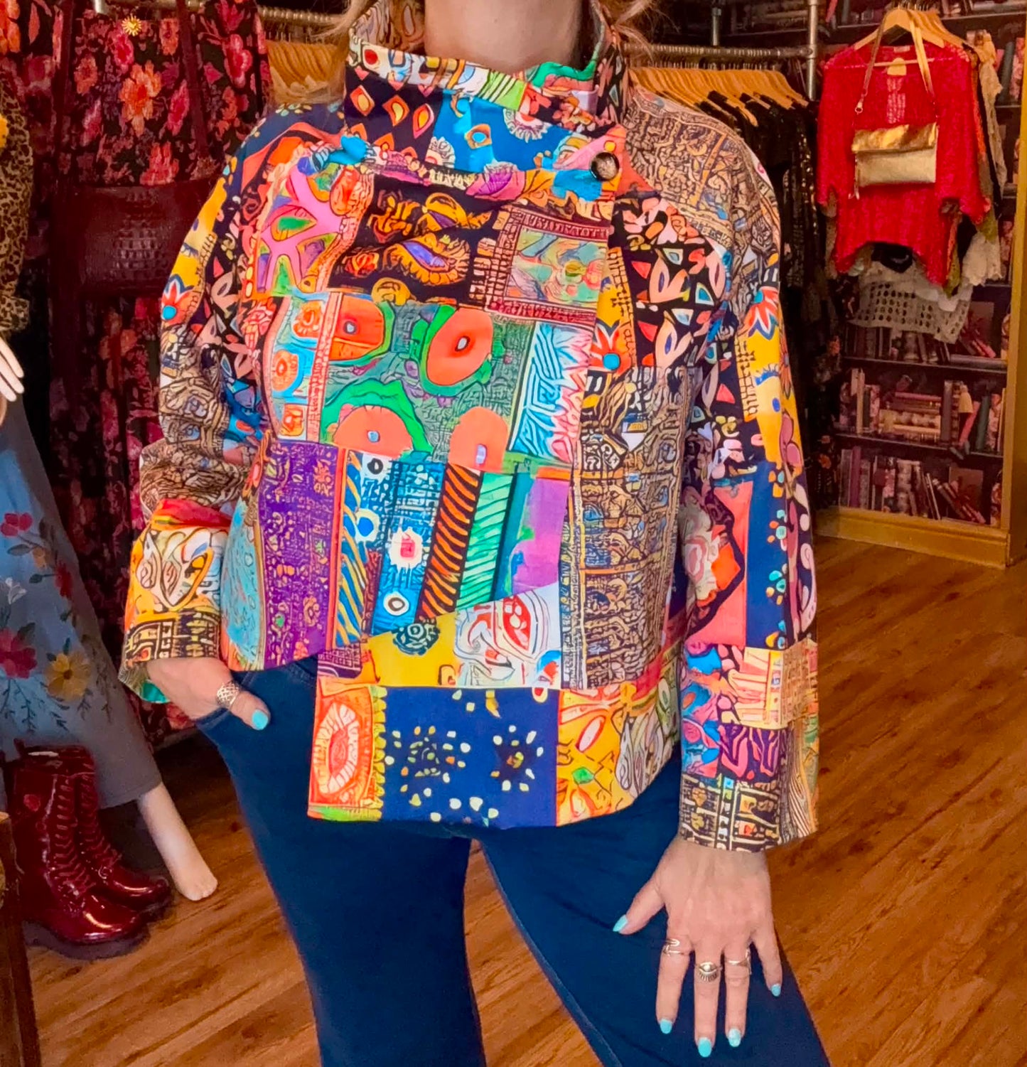 THE 'VIVIENNE' BRIGHT AND BEAUTIFUL ARTY HOTCHPOTCH PRINT ASYMMETRIC JACKET IN RAINBOW COLOURS