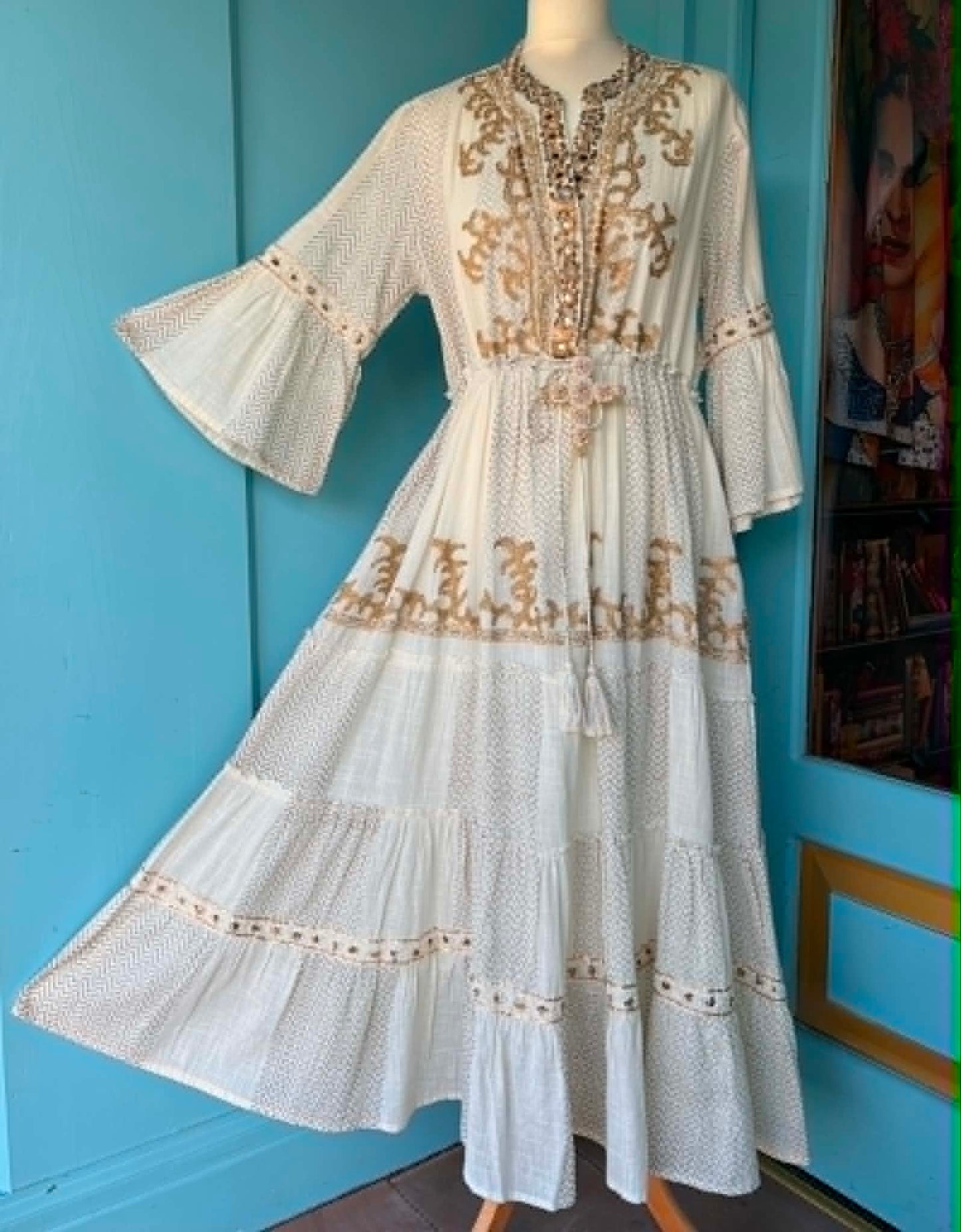 THE 'PALOMA' 100% COTTON STUNNING RICHLY EMBELLISHED IVORY BELL SLEEVE BOHEMIAN DRESS FROM OUR EXCLUSIVE SPANISH COLLECTION