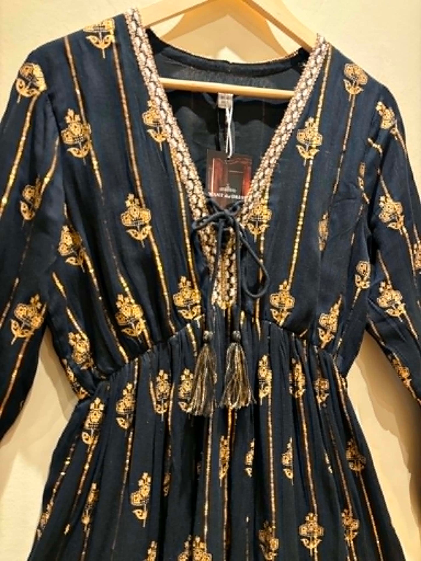 THE 'JASMINE' BEAUTIFUL BLACK AND GOLD EMBROIDERED BELL SLEEVE DRESS MADE IN INDIA