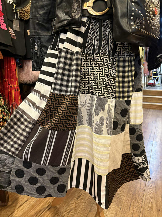 THE 'QUEEN VIVIENNE' EXQUISITE ELASTICATED WAIST PATCHWORK SKIRT IN TWEEDS, GINGHAMS, SPOTS AND STRIPES