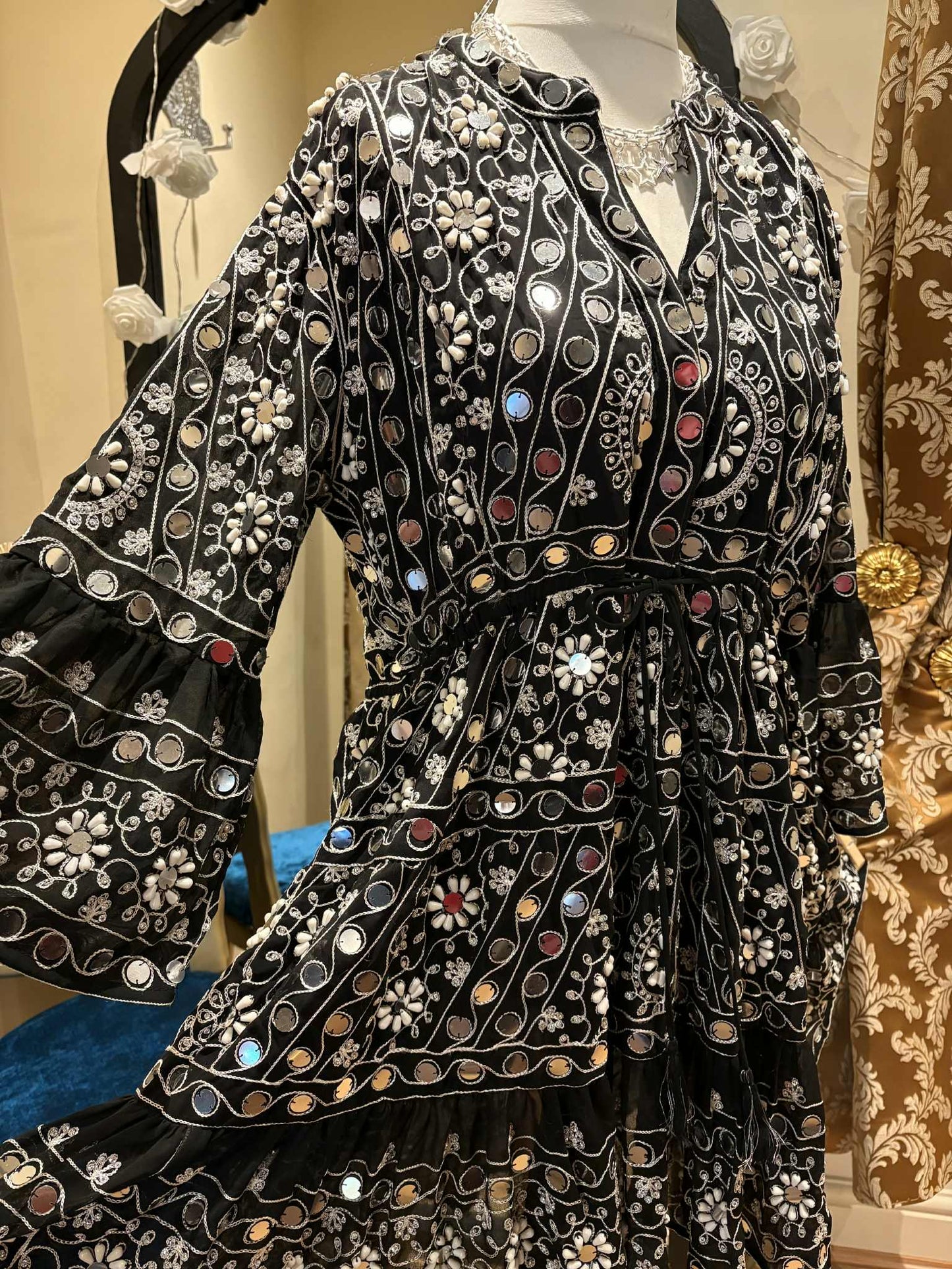 THE 'NURIA' STUNNING RICHLY BEADED, SEQUINNED AND EMBROIDERED TASSEL WAIST TUNIC DRESS