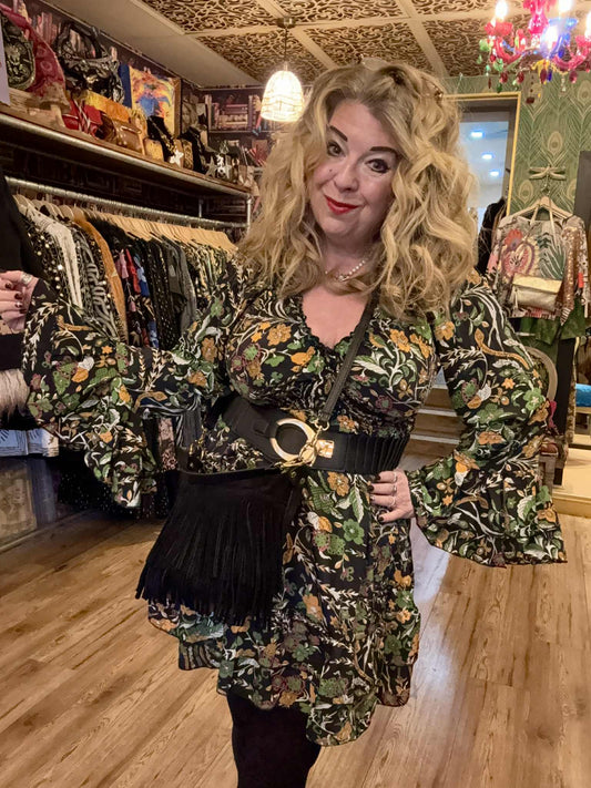 THE 'MARGARITA' BEAUTIFUL BIRD PRINT FLIPPY HEM HOURGLASS DRESS WITH BELL SLEEVES FROM OUR EXCLUSIVE SPANISH COLLECTION