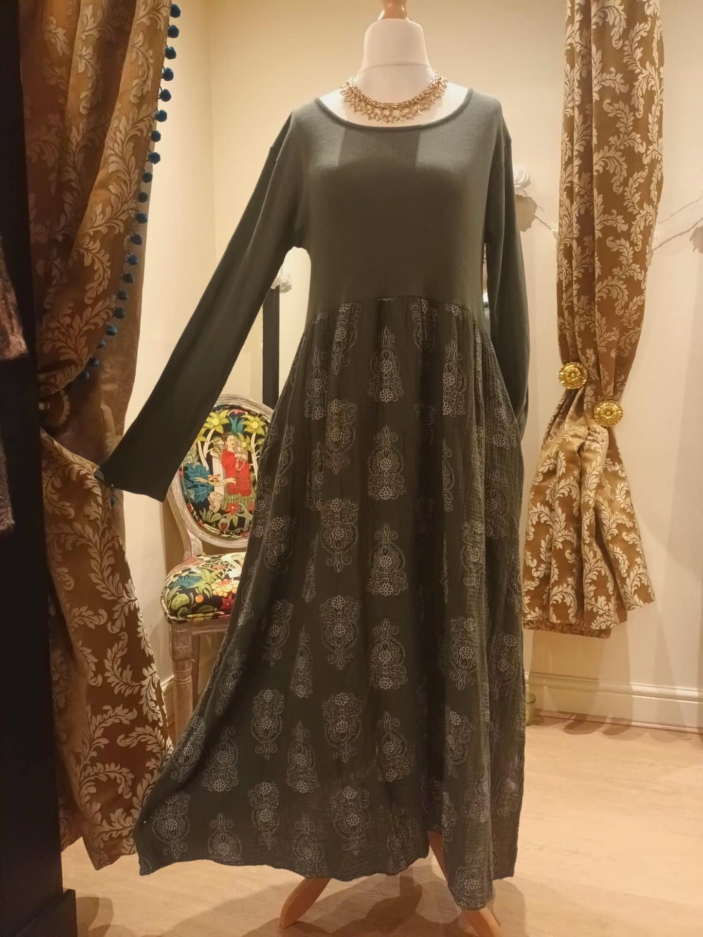 THE 'MANDALA' STUNNING SPIRITUAL PRINT COSY JERSEY DRESS WITH POCKETS WINE, KHAKI OR NAVY