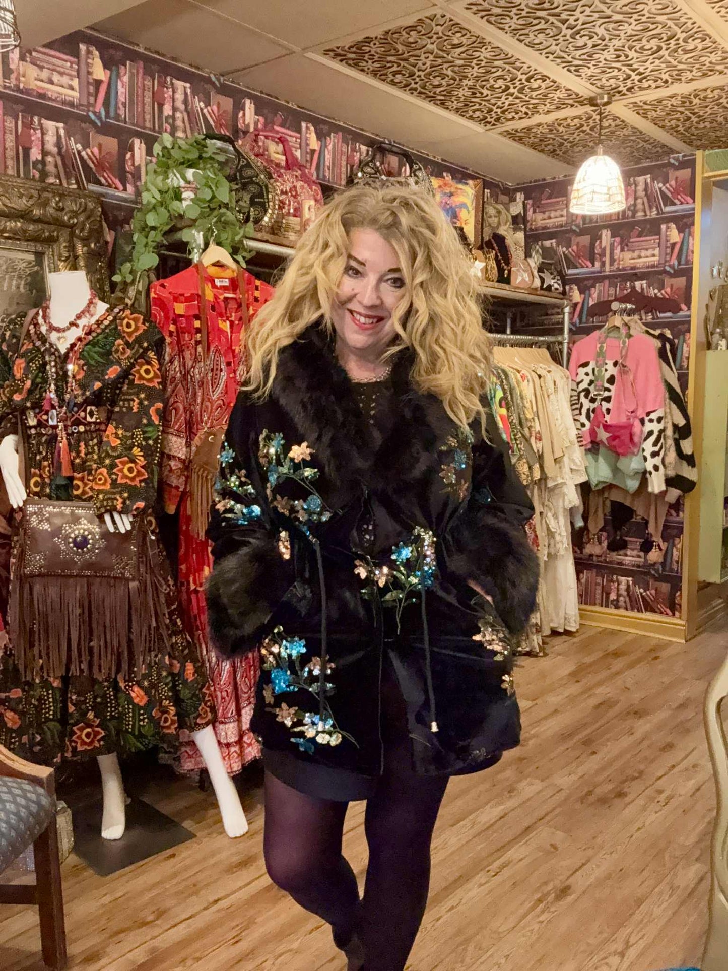 THE 'KIKI' LUXURIOUS VELVET COAT WITH STUNNING SEQUIN, FAUX FUR AND EMBROIDERED DETAIL