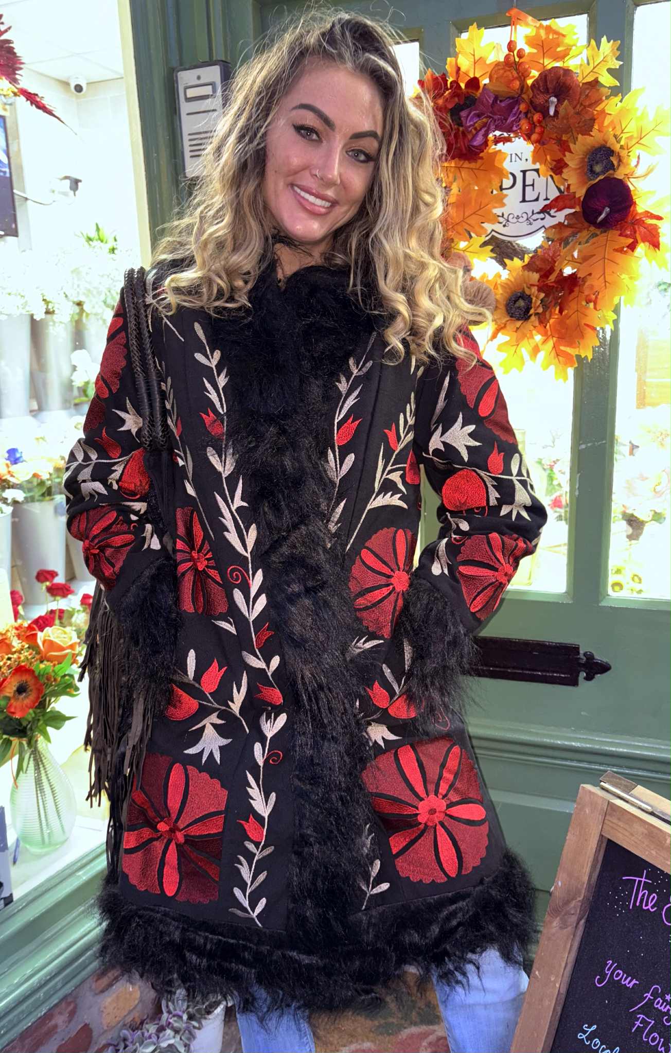 THE 'MONA' STUNNING 70'S STYLE RICHLY EMBROIDERED FAUX FUR AFGHAN COAT IN CHERRY AND BLACK FROM OUR EXCLUSIVE SPANISH RANGE
