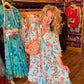 THE 'BELLE ANTICA' STUNNING DUCK EGG AND MULTI BIRD PRINT RUFFLE NECK SMOCK DRESS WITH TASSEL DETAIL