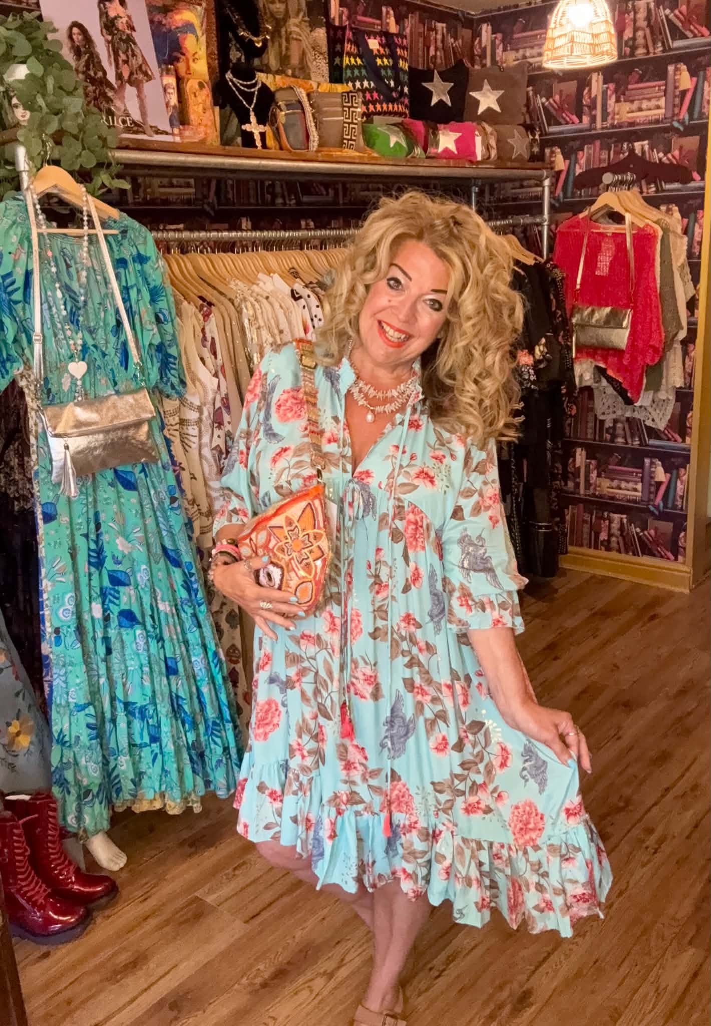 THE 'BELLE ANTICA' STUNNING DUCK EGG AND MULTI BIRD PRINT RUFFLE NECK SMOCK DRESS WITH TASSEL DETAIL