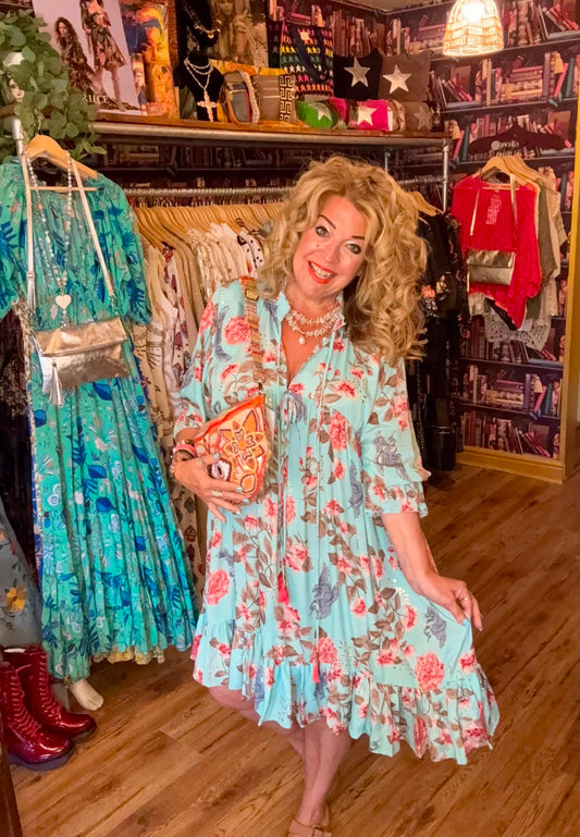 THE 'BELLE ANTICA' STUNNING DUCK EGG AND MULTI BIRD PRINT RUFFLE NECK SMOCK DRESS WITH TASSEL DETAIL