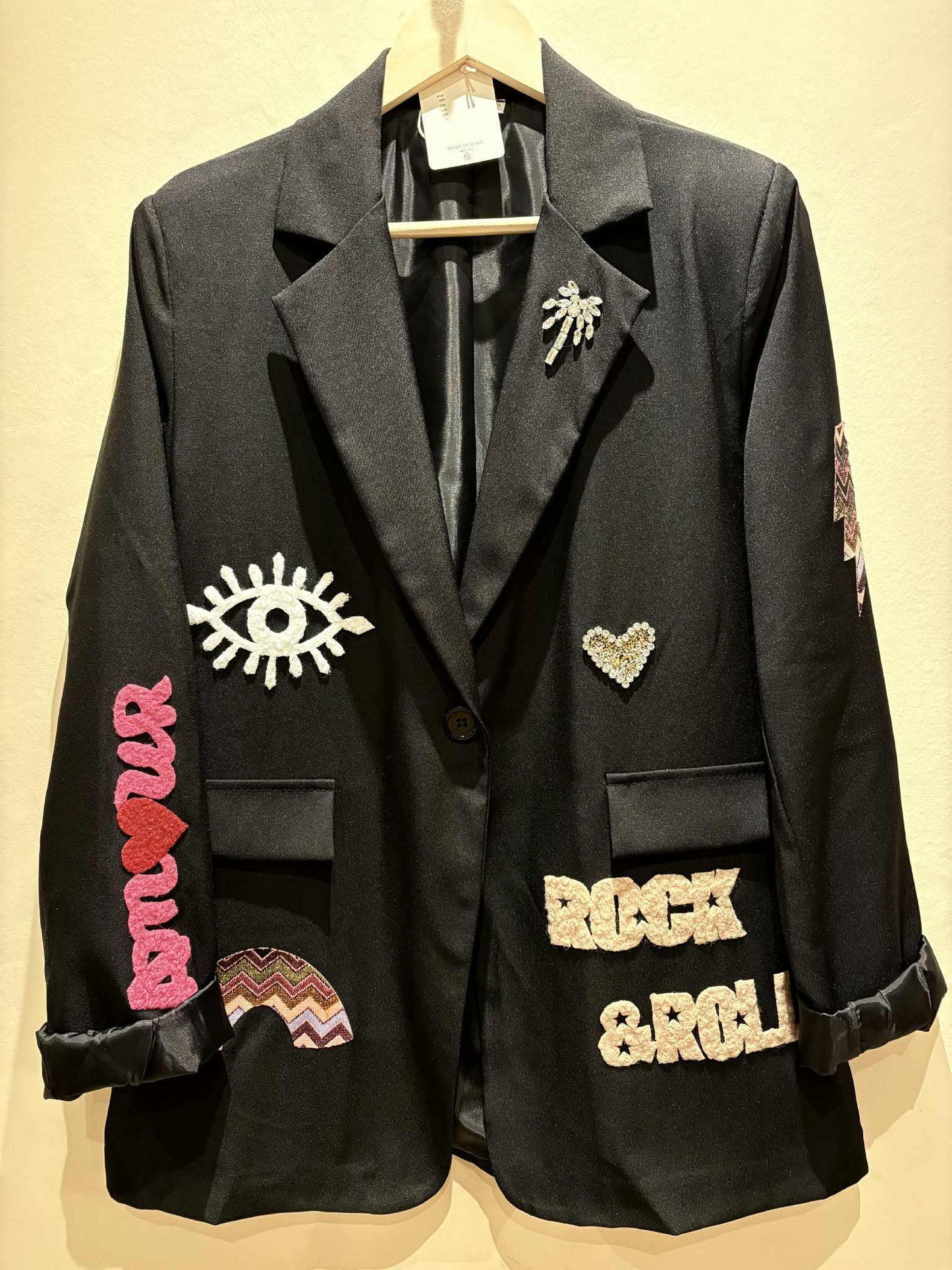 THE 'ROCK AND ROLL' CLASSIC BLACK EMBELLISHED BLAZER FEATURING BOLD ROCK STAR MOTIFS