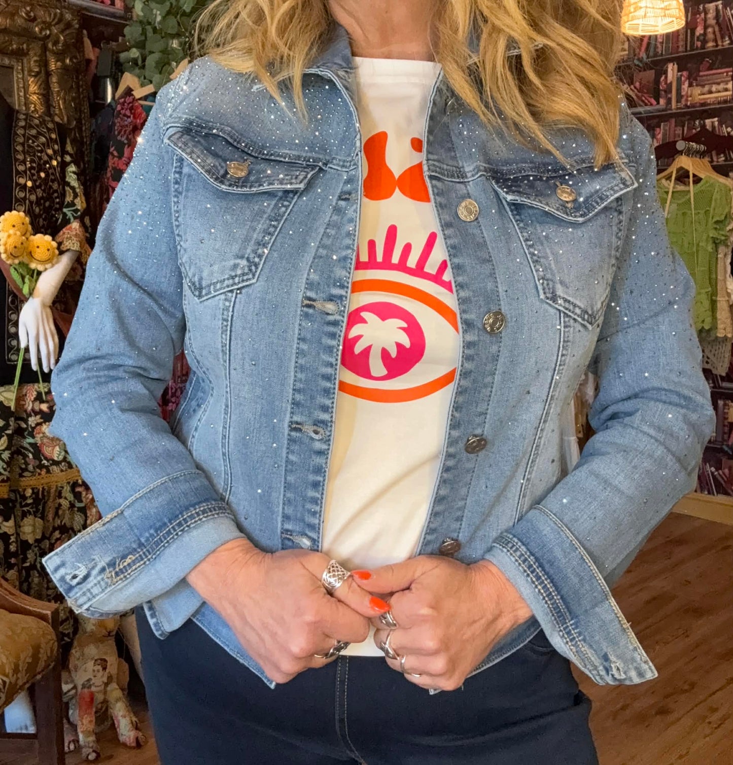 THE 'MILEY' STUNNING RHINESTONE EMBELLISHED CLASSIC FADED DENIM JACKET