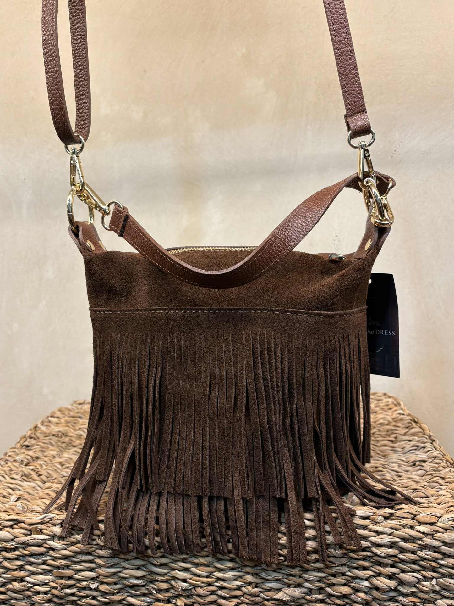 THE 'MILEY' STUNNING ITALIAN LEATHER FRINGED TWO WAY BAG WITH POCKETS