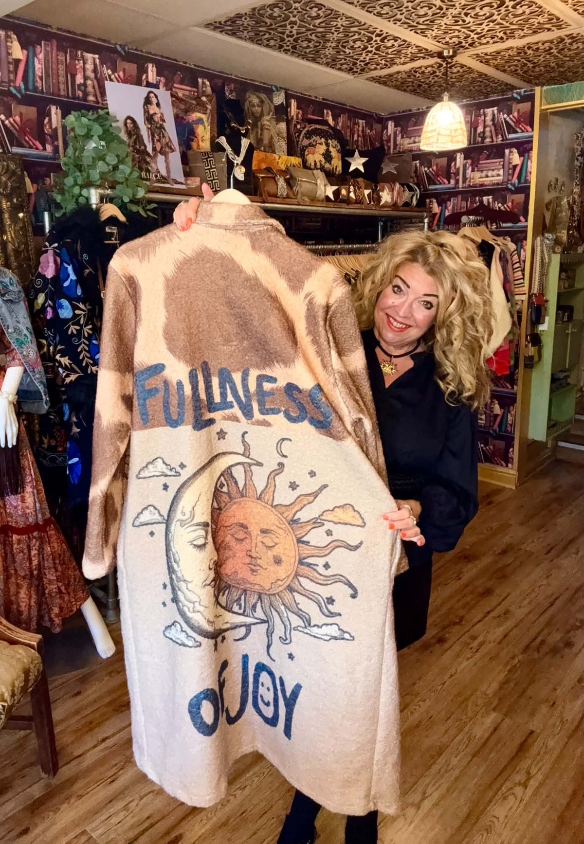 THE CELESTIAL VIBES STUNNING SUN, MOON AND MYSTIC PRINT BUTTON FRONT BORG COAT