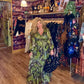 THE 'BOHEMIAN QUEEN' BREATHTAKING RICH GREEN AND GOLD FRILL DETAIL DRESS