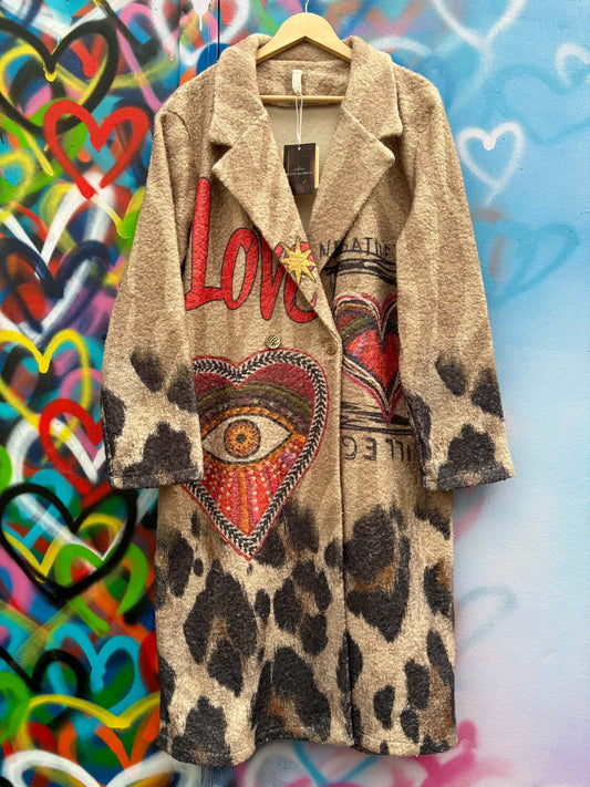 THE 'CELESTIAL LOVE' COSY OVERSIZED BUTTON FRONT BLANKET COAT WITH HEARTS, SUNS AND MYSTIC EYES