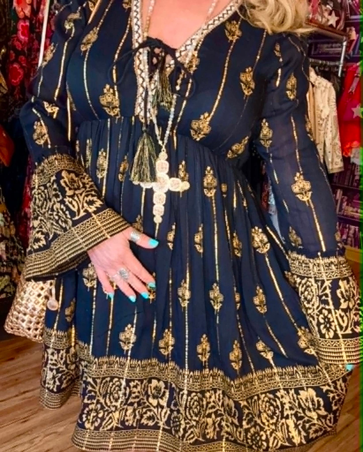 THE 'JASMINE' BEAUTIFUL BLACK AND GOLD EMBROIDERED BELL SLEEVE DRESS MADE IN INDIA