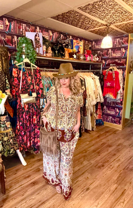 THE 'JONI' STUNNING VINTAGE 70'S STYLE BOHEMIAN PRINT RELAXED FIT TWO PIECE TROUSER SUIT