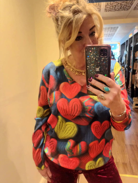 THE 'RAINBOW HEARTS' SUPER SOFT LIGHTWEIGHT V NECK JUMPER