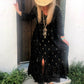 THE 'SEVILLE SUNSET' BEAUTIFUL RICH EMBROIDERED BLACK COTTON DRESS WITH GOLD AND SILVER DETAIL