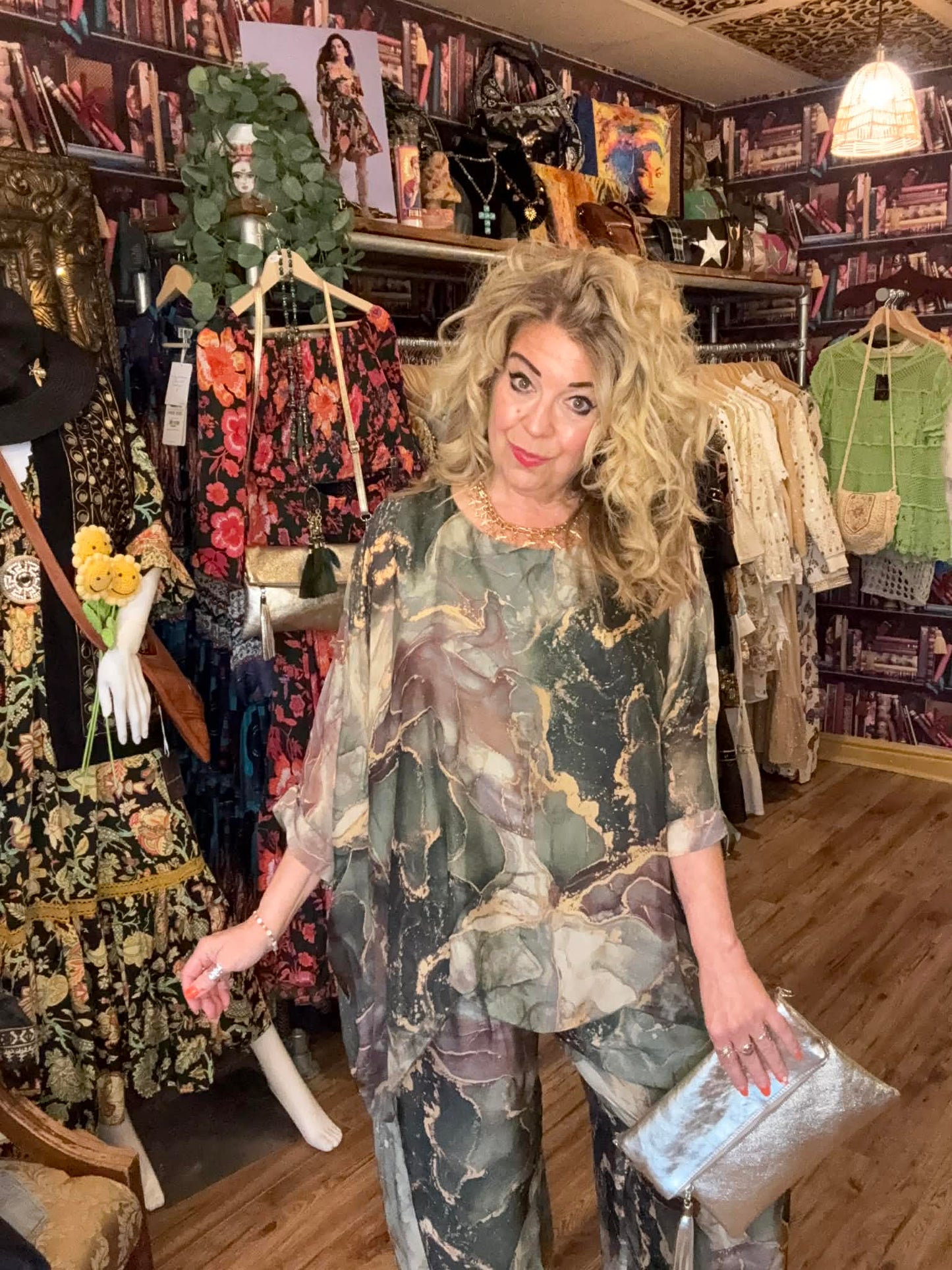 THE 'SIENNA' LUXURIOUS SILK BLEND MARBLE PRINT TWO PIECE FLOATY TROUSER SUIT PINK, KHAKI OR BLUE